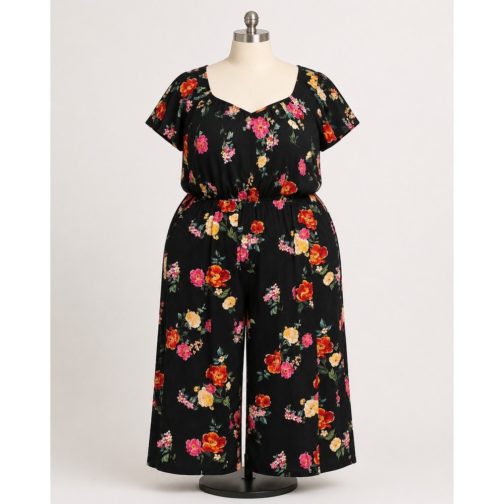 Old Navy Jumpsuit Romper XXL Black Pink Orange Floral Flutter Sleeve Plus Size